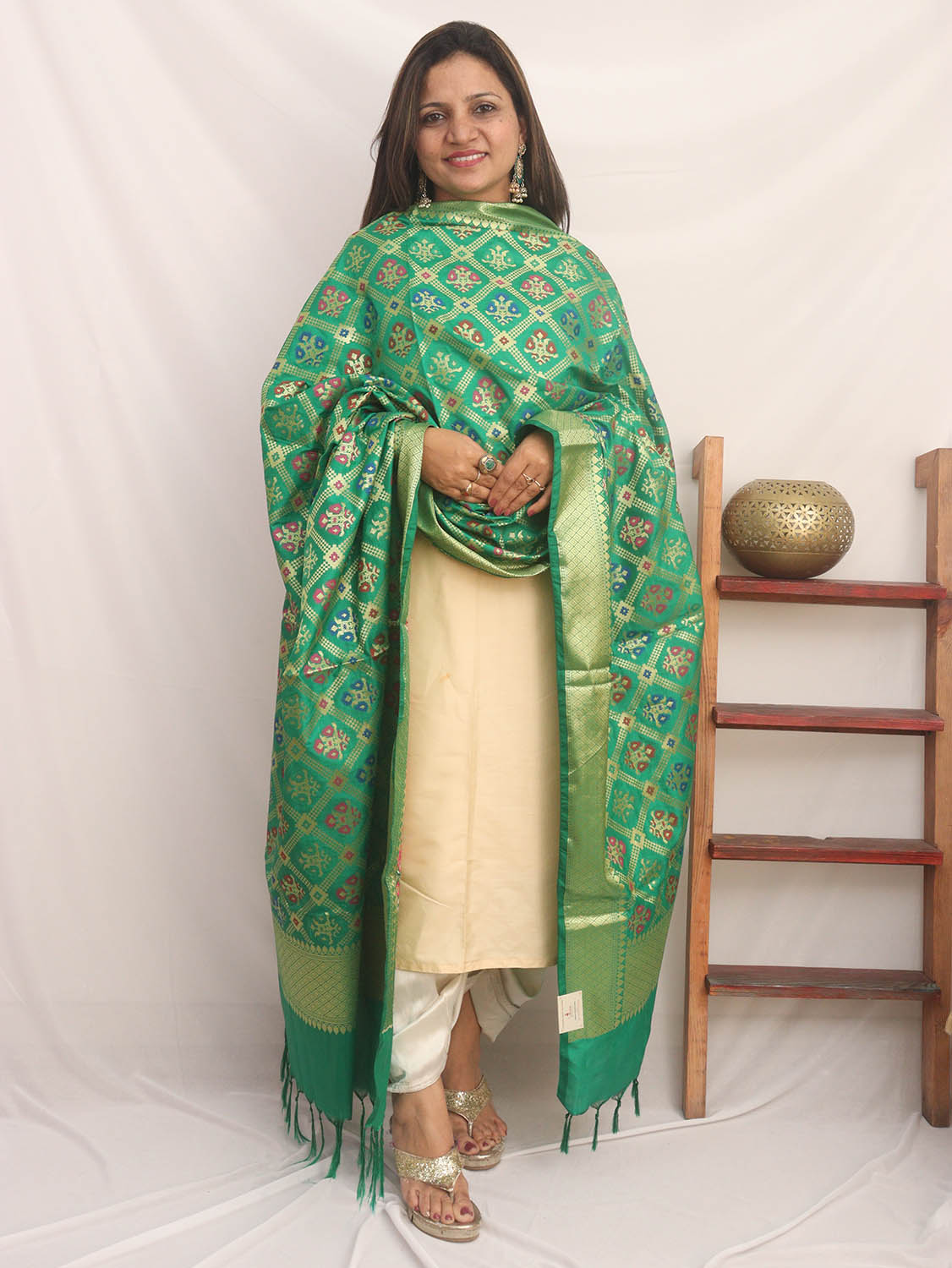 Green Banarasi Silk Patola Design Dupatta - Luxurion World