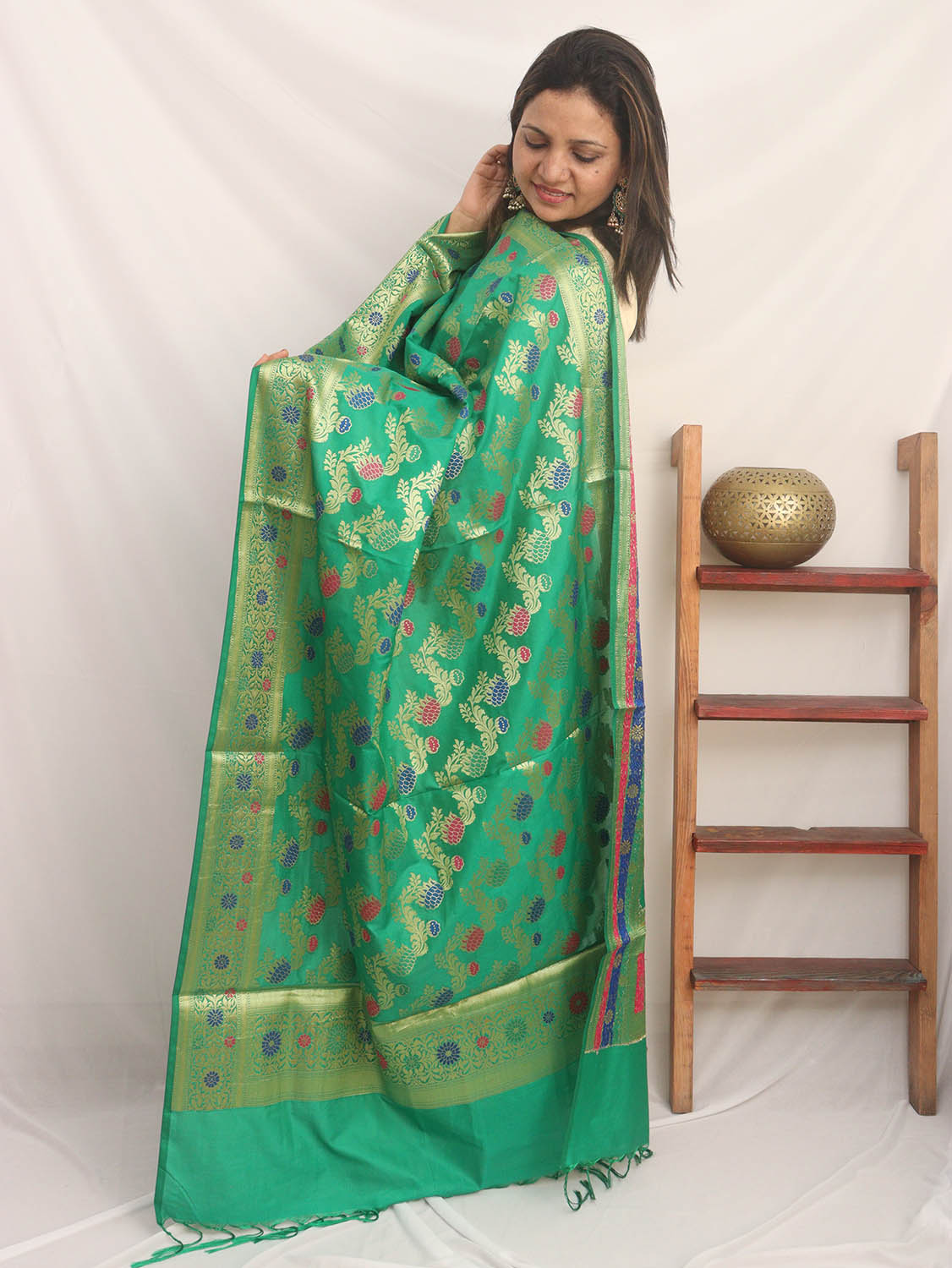 Green Banarasi Silk Meenakari Dupatta - Luxurion World