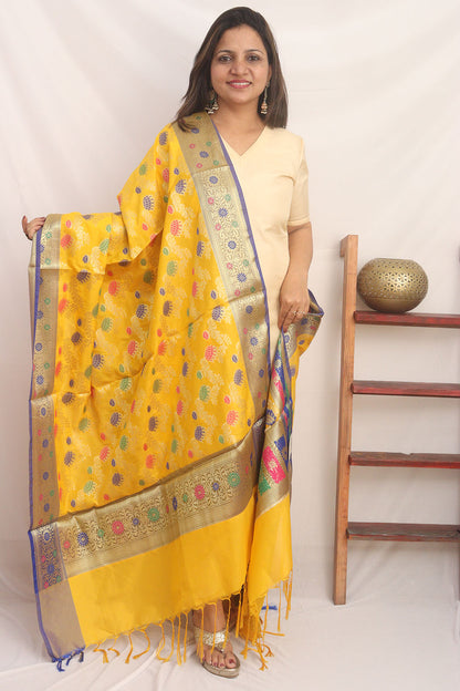 Yellow Banarasi Silk Meenakari Dupatta - Luxurion World