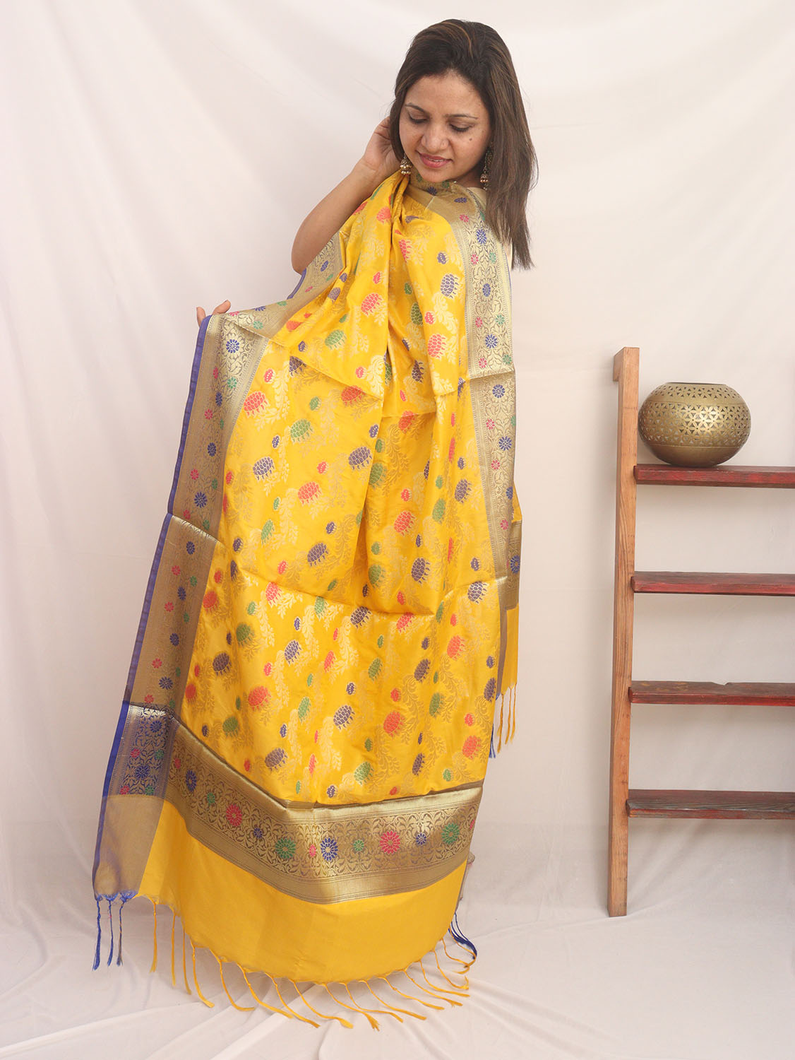 Yellow Banarasi Silk Meenakari Dupatta - Luxurion World
