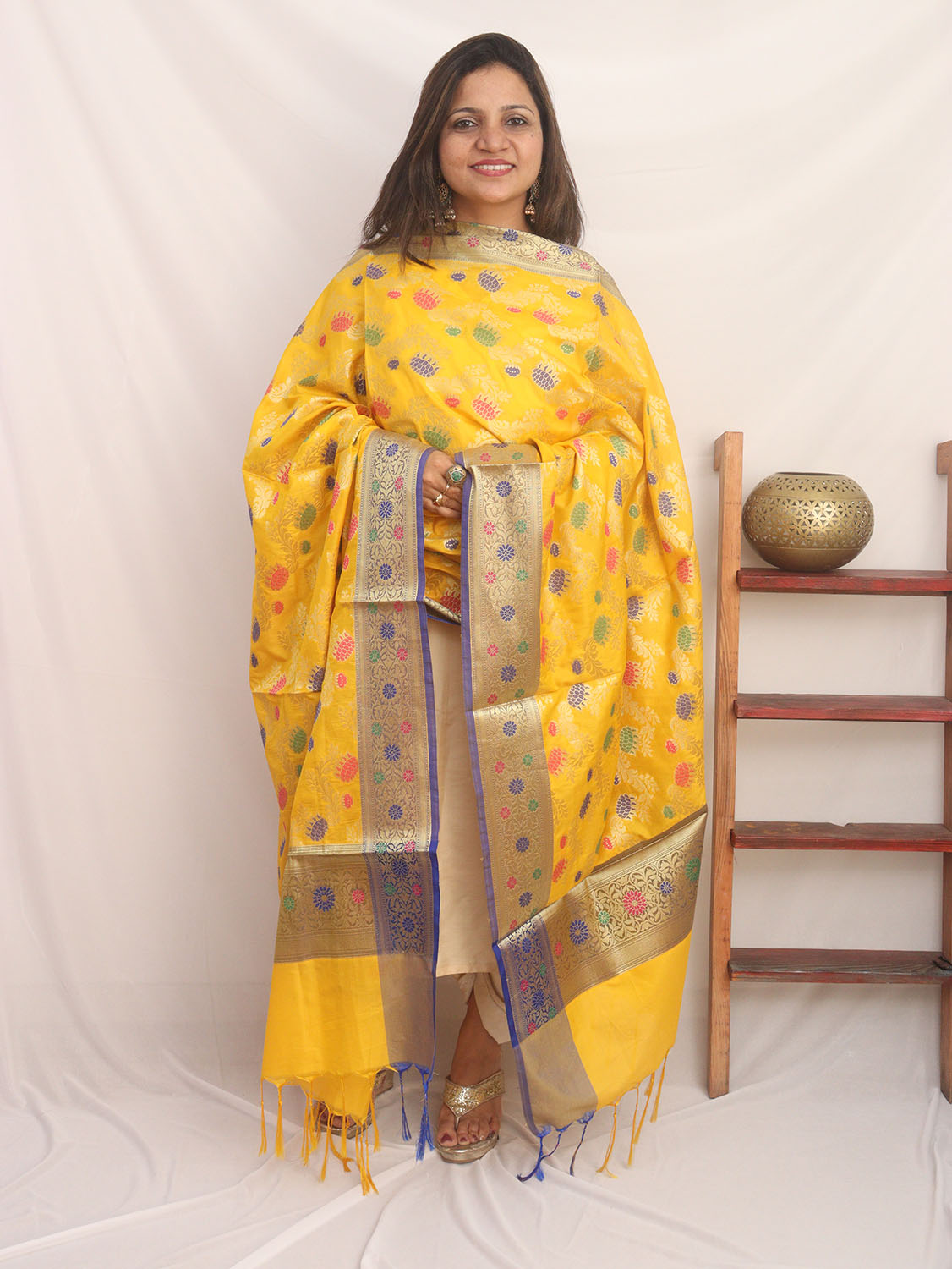 Yellow Banarasi Silk Meenakari Dupatta - Luxurion World