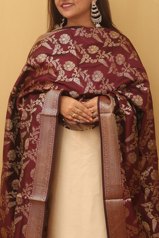Maroon Banarasi Silk Dupatta - Luxurion World