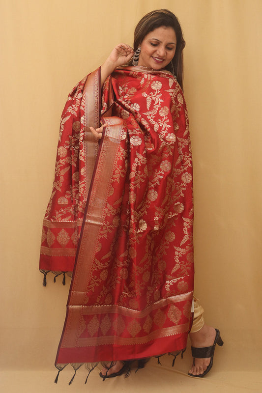 Red Banarasi Silk Dupatta - Luxurion World