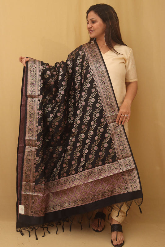 Black Banarasi Silk Meenakari Dupatta - Luxurion World