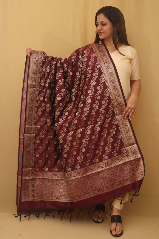 Maroon Banarasi Silk Meenakari Dupatta - Luxurion World