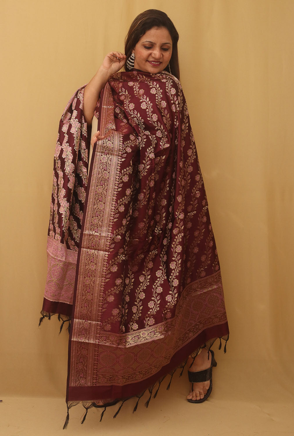 Maroon Banarasi Silk Meenakari Dupatta - Luxurion World