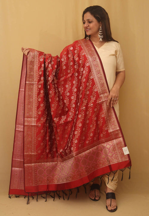 Red Banarasi Silk Meenakari Dupatta - Luxurion World