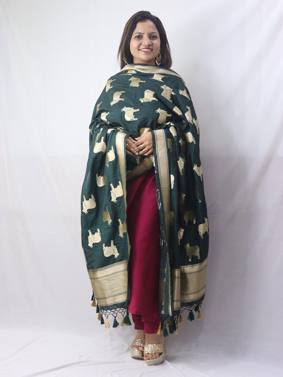 Stunning Green Banarasi Silk Cow Design Dupatta - Luxurion World