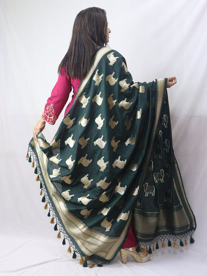 Stunning Green Banarasi Silk Cow Design Dupatta - Luxurion World
