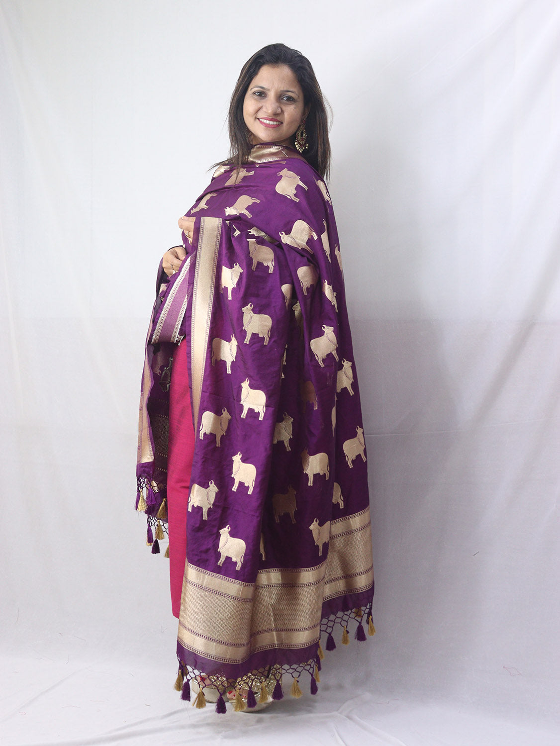 Stunning Purple Banarasi Silk Cow Design Dupatta - Luxurion World