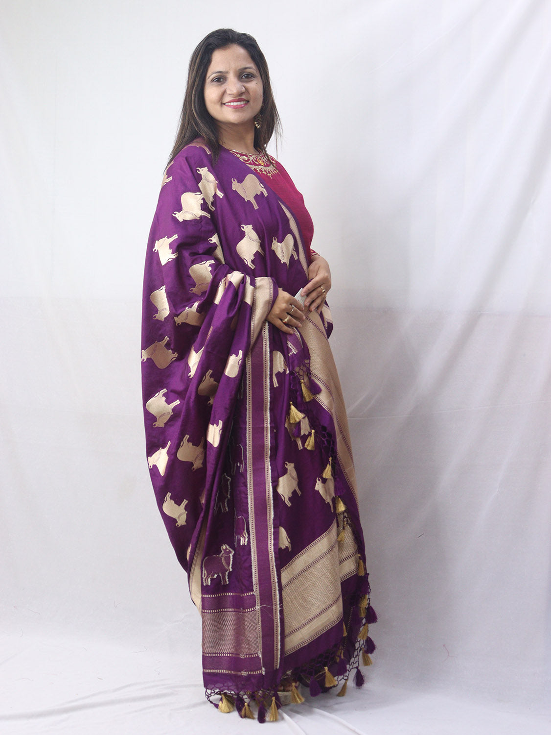 Stunning Purple Banarasi Silk Cow Design Dupatta - Luxurion World