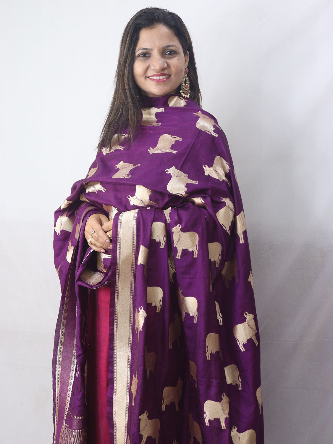 Stunning Purple Banarasi Silk Cow Design Dupatta - Luxurion World
