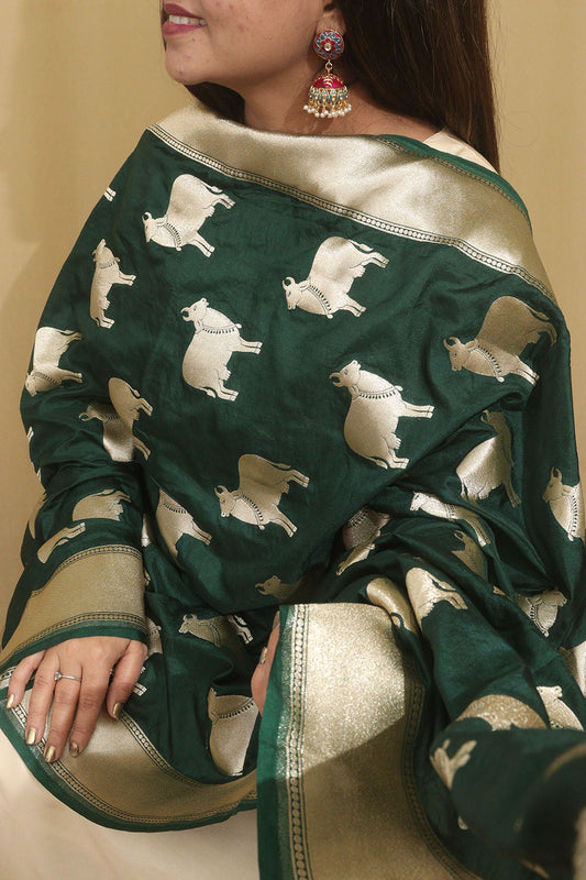 Exquisite Green Banarasi Silk Dupatta with Cow Motif