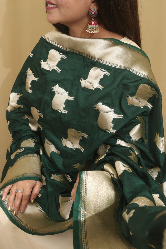 Exquisite Green Banarasi Silk Dupatta with Cow Motif - Luxurion World