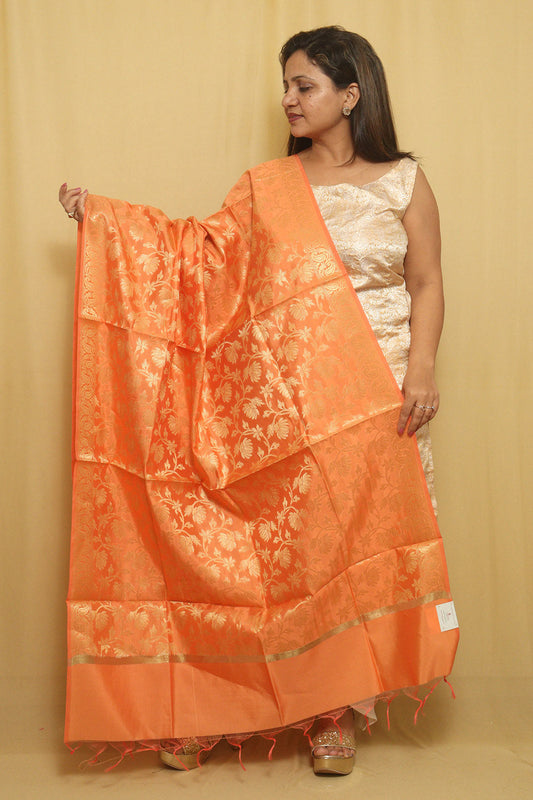Get Glamorous with Orange Banarasi Silk Dupatta - Ideal for Every Event! - Luxurion World