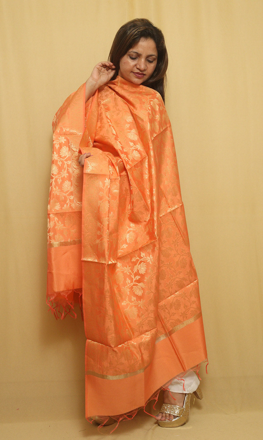Get Glamorous with Orange Banarasi Silk Dupatta - Ideal for Every Event! - Luxurion World