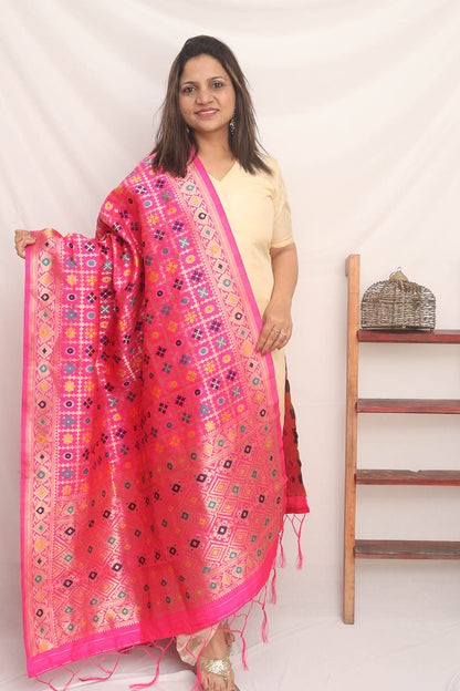Pink Banarasi Silk Meenakari Dupatta - Luxurion World