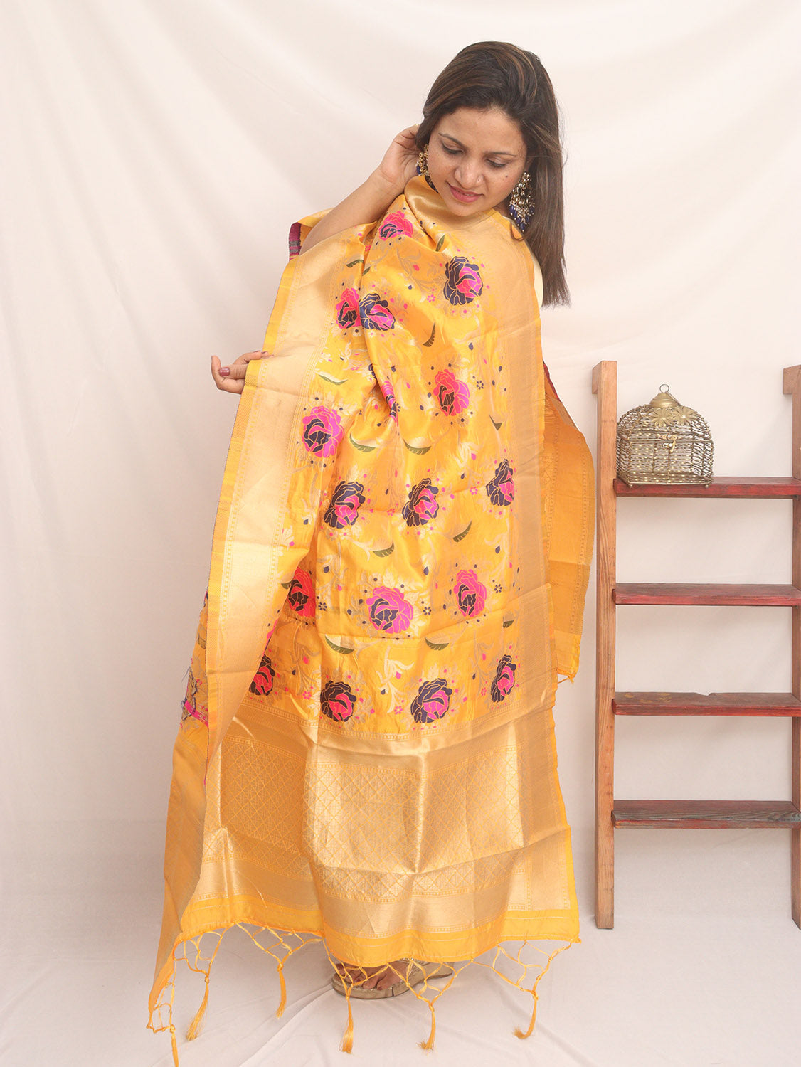 Yellow Banarasi Silk Meenakari Dupatta - Luxurion World
