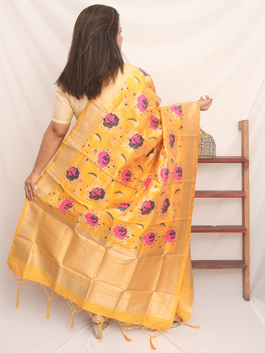 Yellow Banarasi Silk Meenakari Dupatta - Luxurion World
