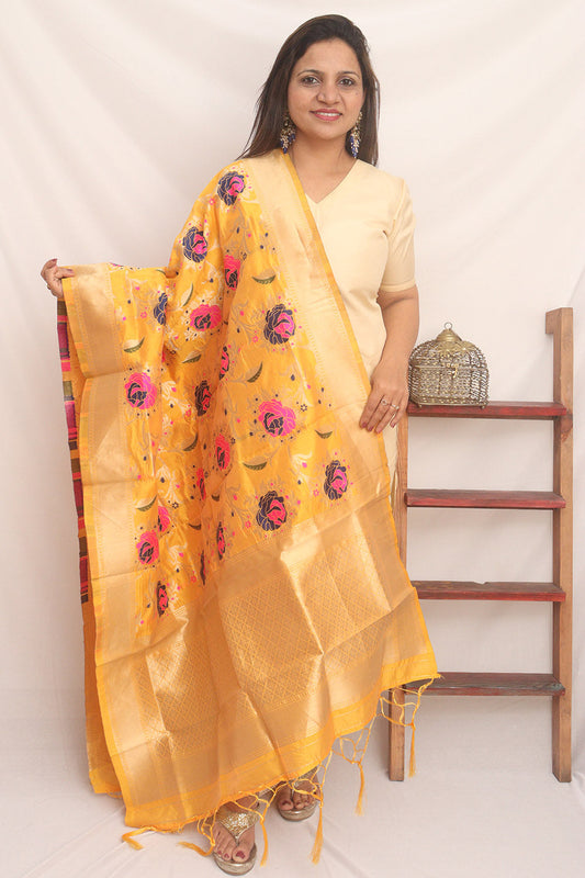 Yellow Banarasi Silk Meenakari Dupatta - Luxurion World