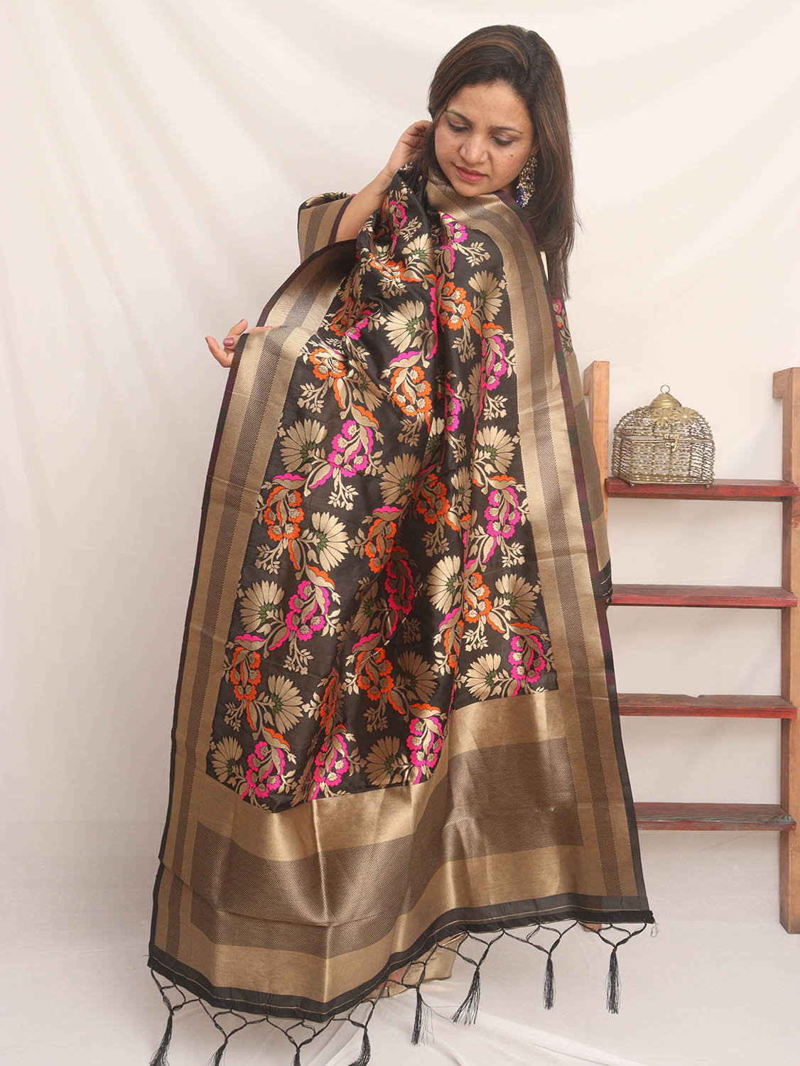 Black Banarasi Silk Meenakari Dupatta - Luxurion World