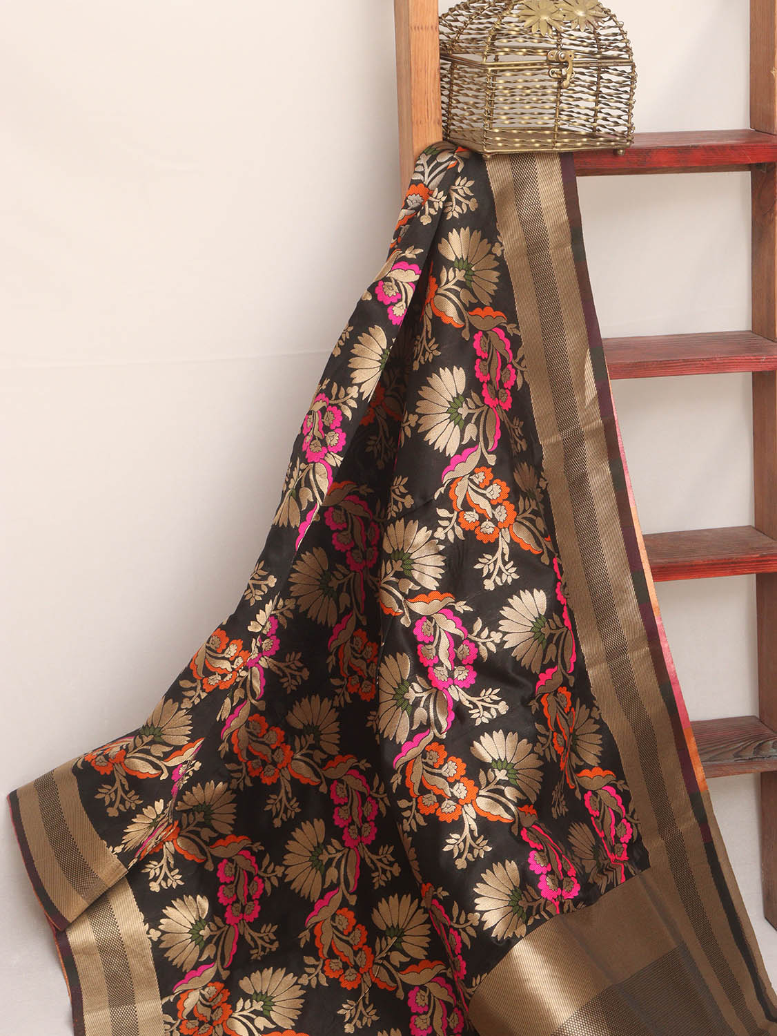 Black Banarasi Silk Meenakari Dupatta - Luxurion World