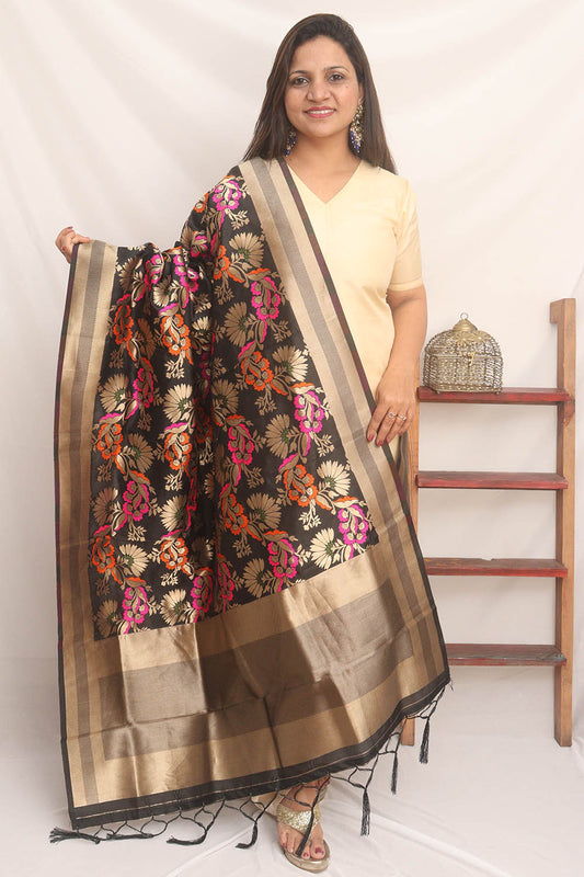 Black Banarasi Silk Meenakari Dupatta - Luxurion World