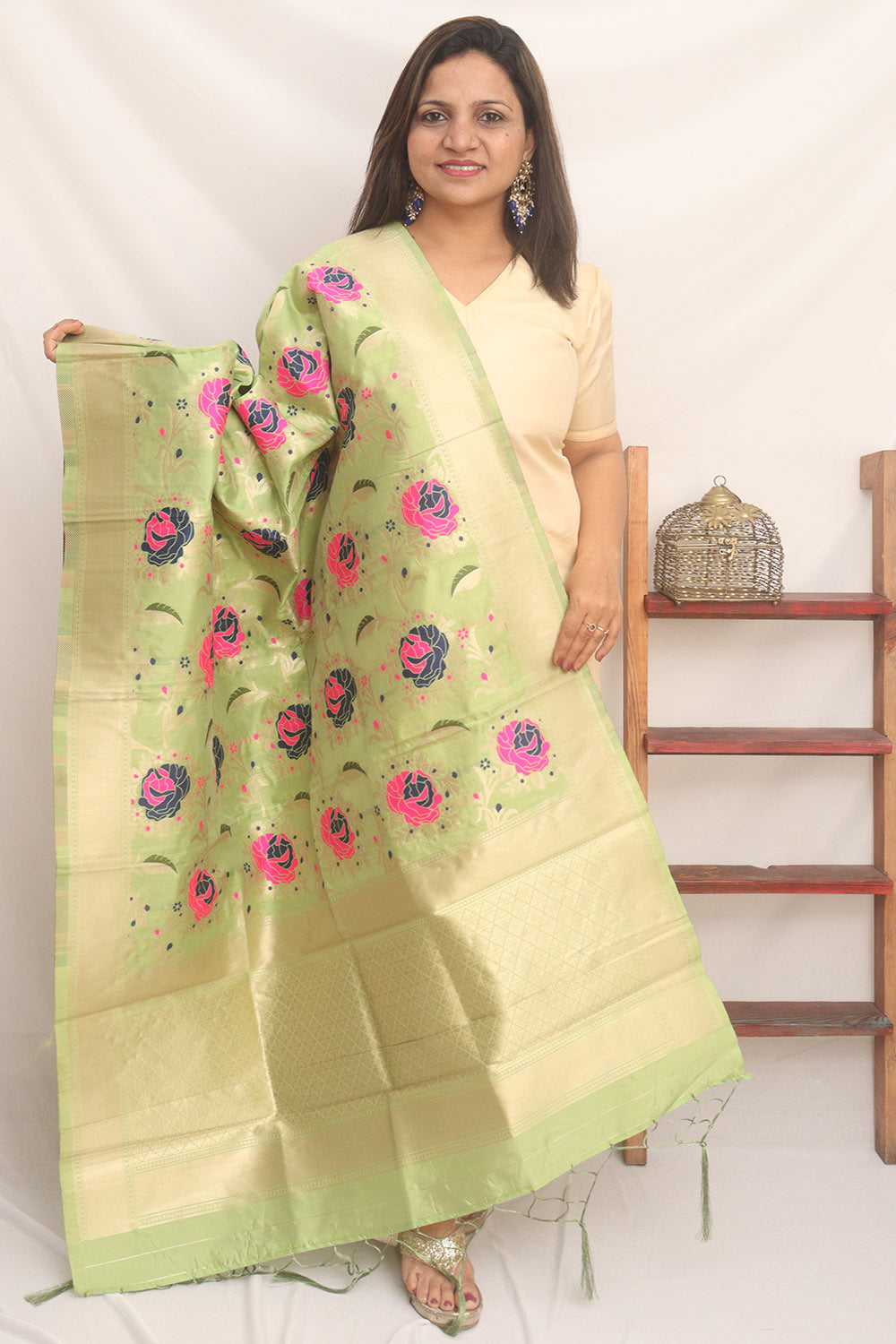 Green Banarasi Silk Meenakari Dupatta - Luxurion World