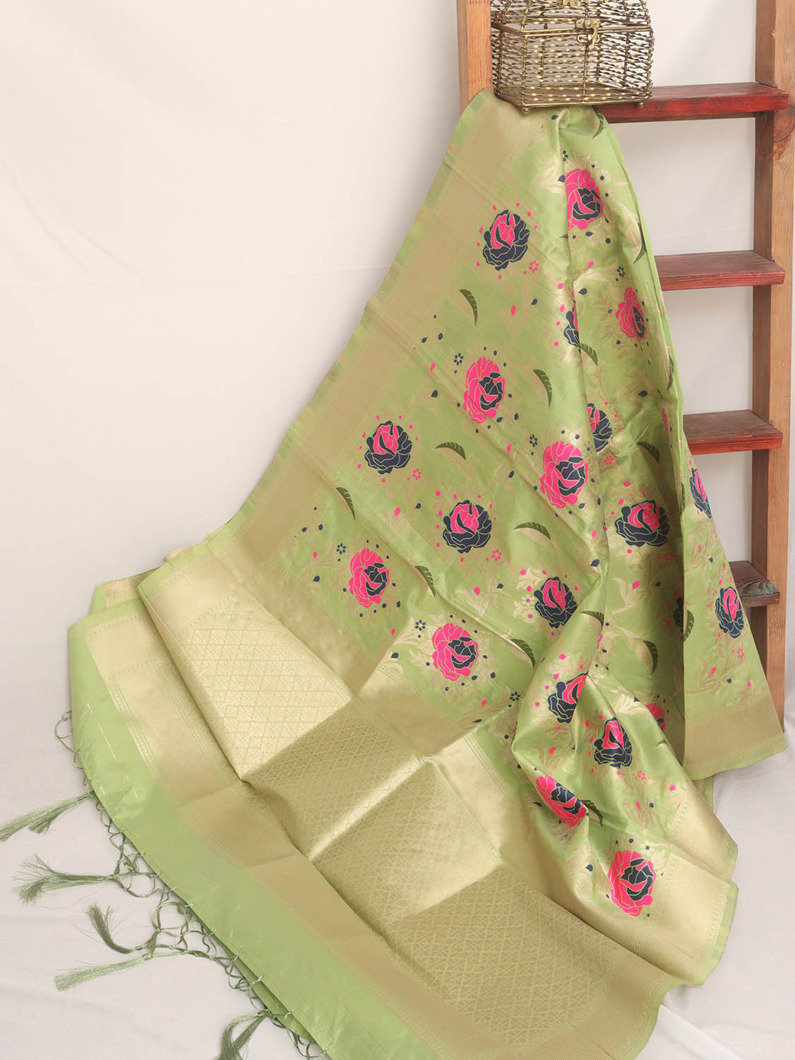 Green Banarasi Silk Meenakari Dupatta - Luxurion World