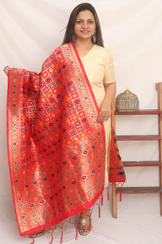 Red Banarasi Silk Meenakari Dupatta - Luxurion World