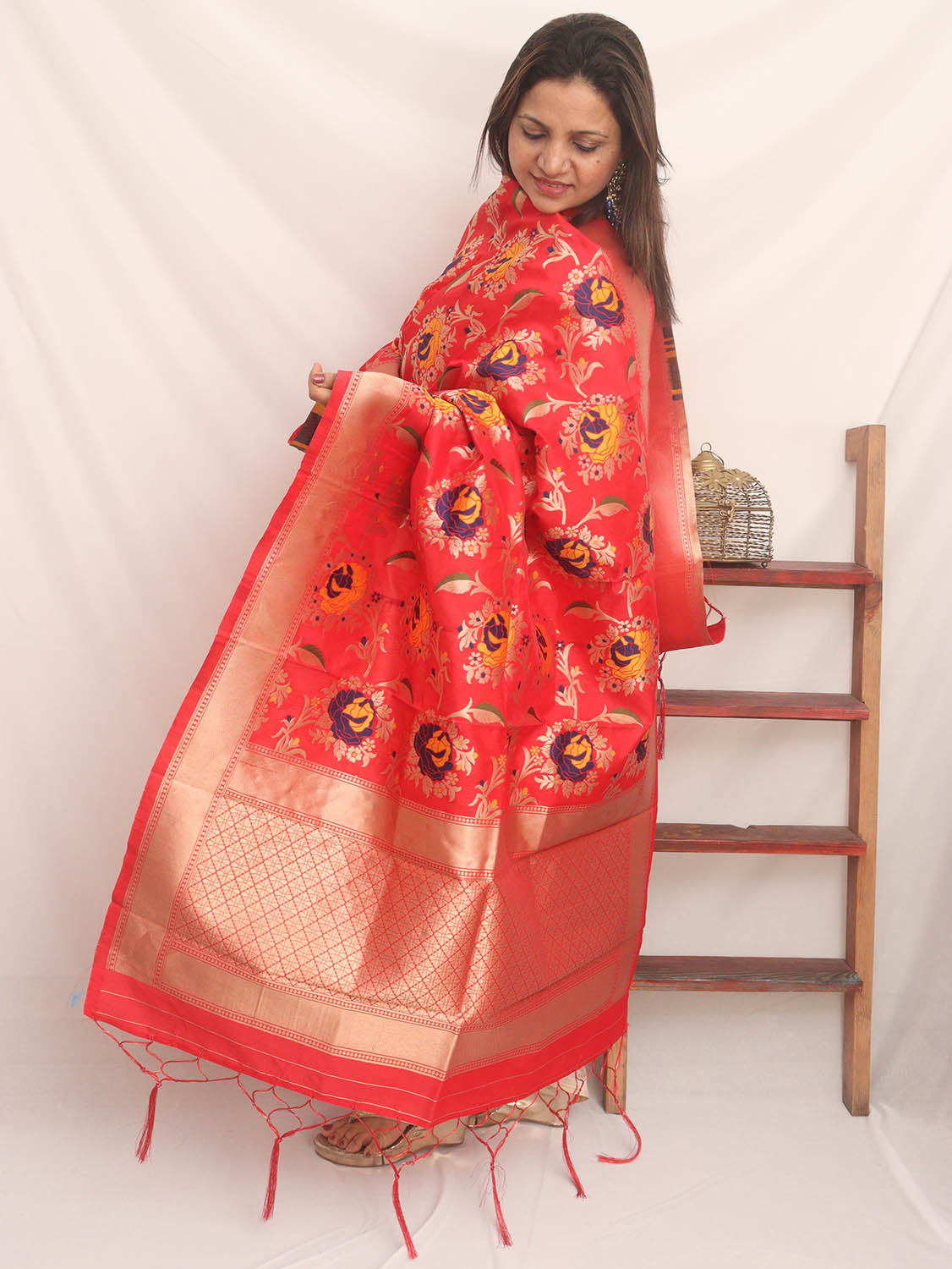 Red Banarasi Silk Meenakari Dupatta - Luxurion World