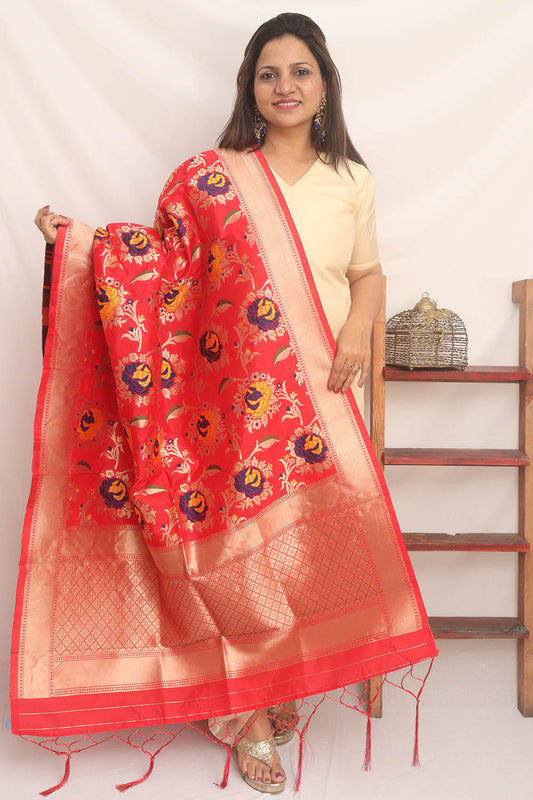 Red Banarasi Silk Meenakari Dupatta - Luxurion World