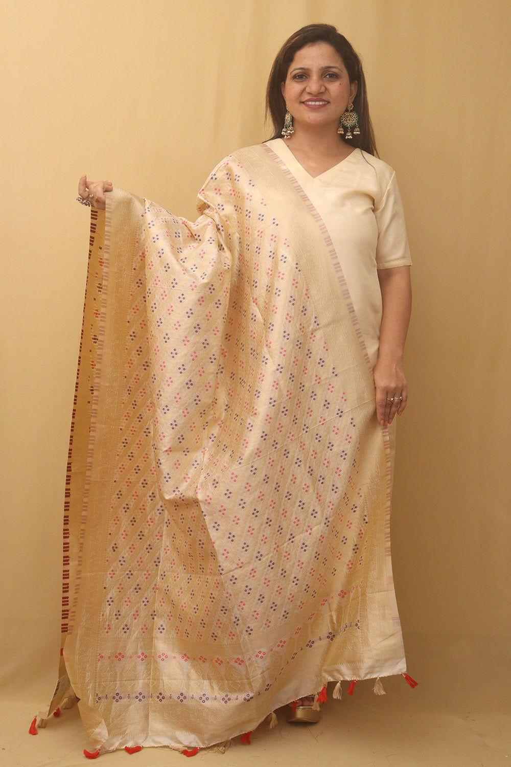 Pastel Banarasi Silk Bandhani Design Dupatta - Luxurion World