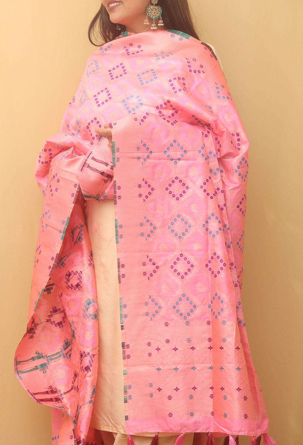 Pink Banarasi Silk Bandhani Design Dupatta - Luxurion World