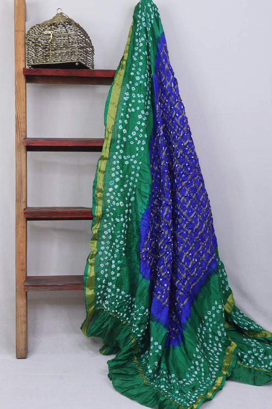 Blue And Green Checks Bandhani Silk Dupatta - Luxurion World