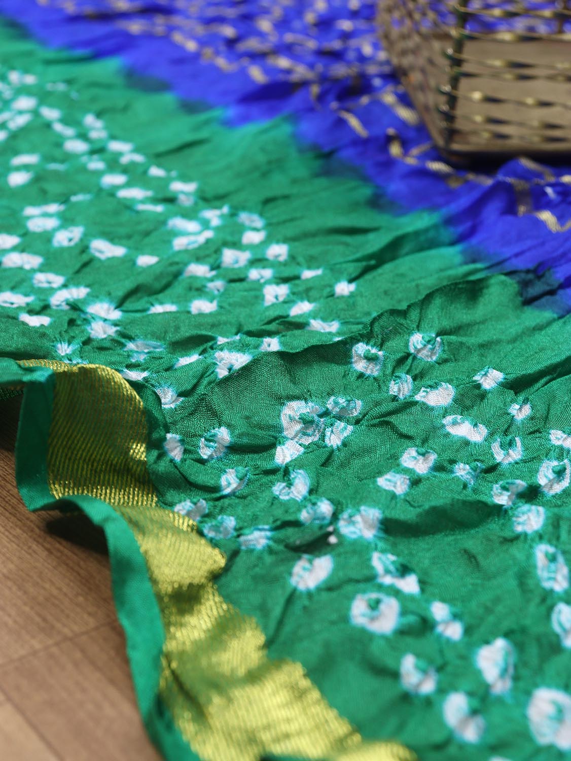Blue And Green Checks Bandhani Silk Dupatta - Luxurion World
