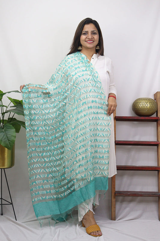Green And Blue Block Printed Batik Bhagalpur Net Stripe Design Dupatta - Luxurion World