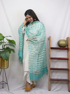 Green And Blue Block Printed Batik Bhagalpur Net Stripe Design Dupatta - Luxurion World