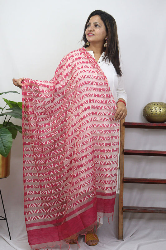 Pink Block Printed Batik Bhagalpur Net Stripe Design Dupatta - Luxurion World
