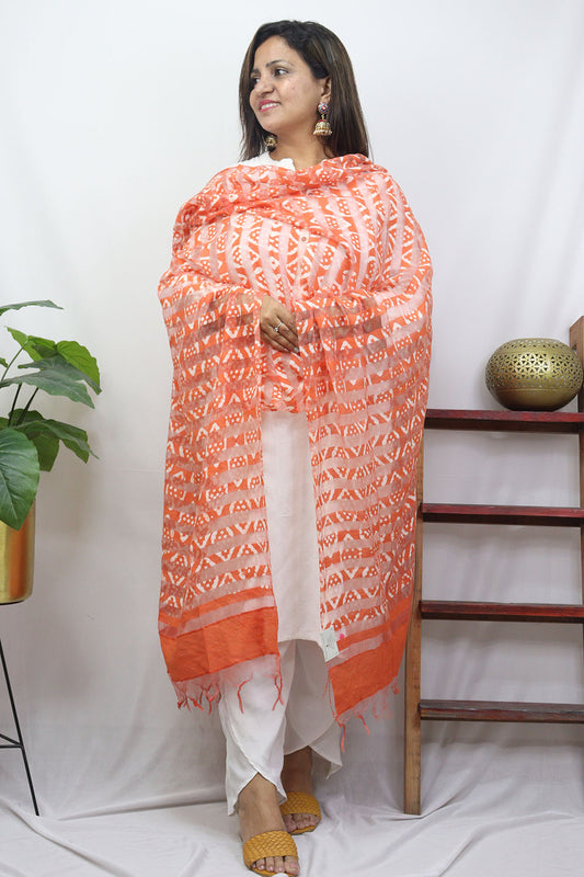 Orange Block Printed Batik Bhagalpur Net Stripe Design Dupatta