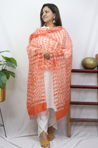 Orange Block Printed Batik Bhagalpur Net Stripe Design Dupatta - Luxurion World