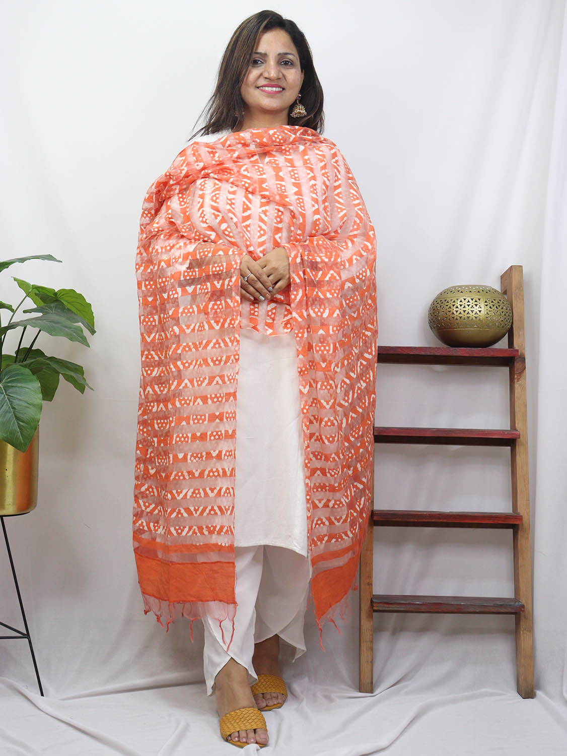 Orange Block Printed Batik Bhagalpur Net Stripe Design Dupatta - Luxurion World