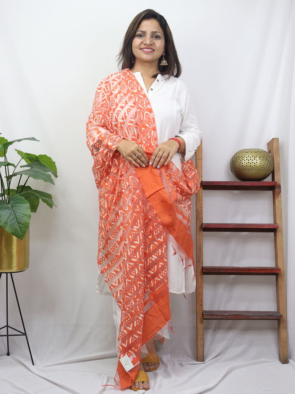 Orange Block Printed Batik Bhagalpur Net Stripe Design Dupatta - Luxurion World
