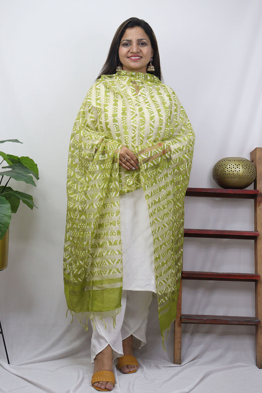 Green Block Printed Batik Bhagalpur Net Stripe Design Dupatta