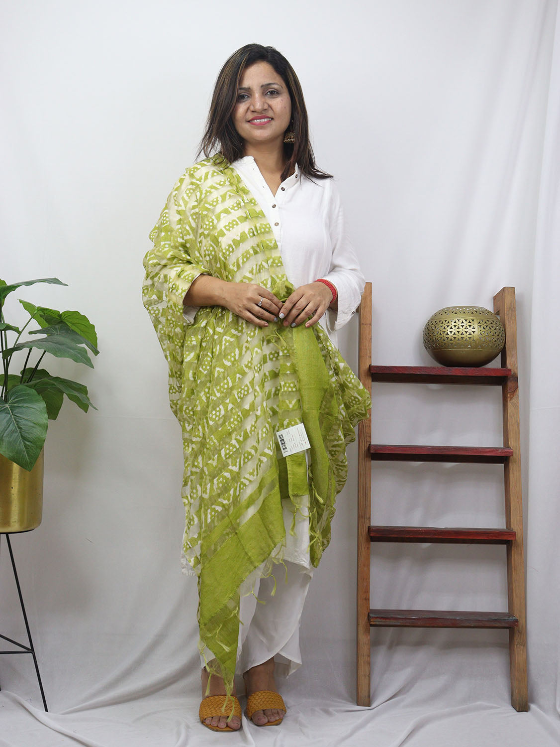 Green Block Printed Batik Bhagalpur Net Stripe Design Dupatta
