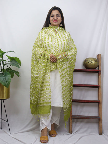 Green Block Printed Batik Bhagalpur Net Stripe Design Dupatta - Luxurion World