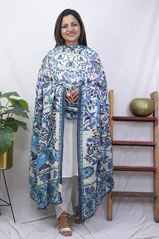 Blue And White Block Printed Mul Satin Silk Dupatta - Luxurion World