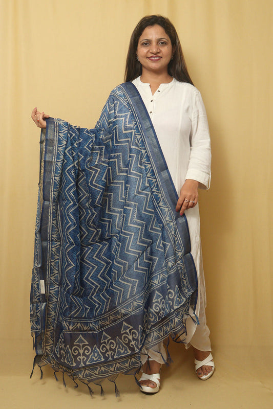 Block Printed Blue Chanderi Silk Dupatta - Stunning Design - Luxurion World