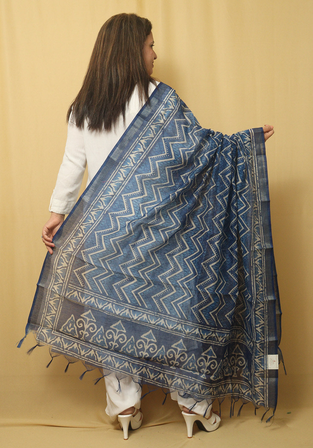 Block Printed Blue Chanderi Silk Dupatta - Stunning Design - Luxurion World