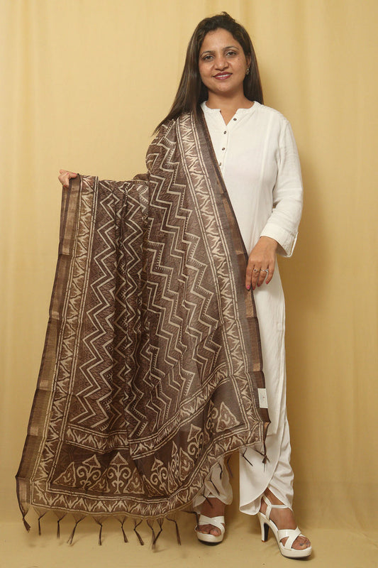 Chic Block Print Brown Chanderi Silk Dupatta - Stylish Accessory - Luxurion World